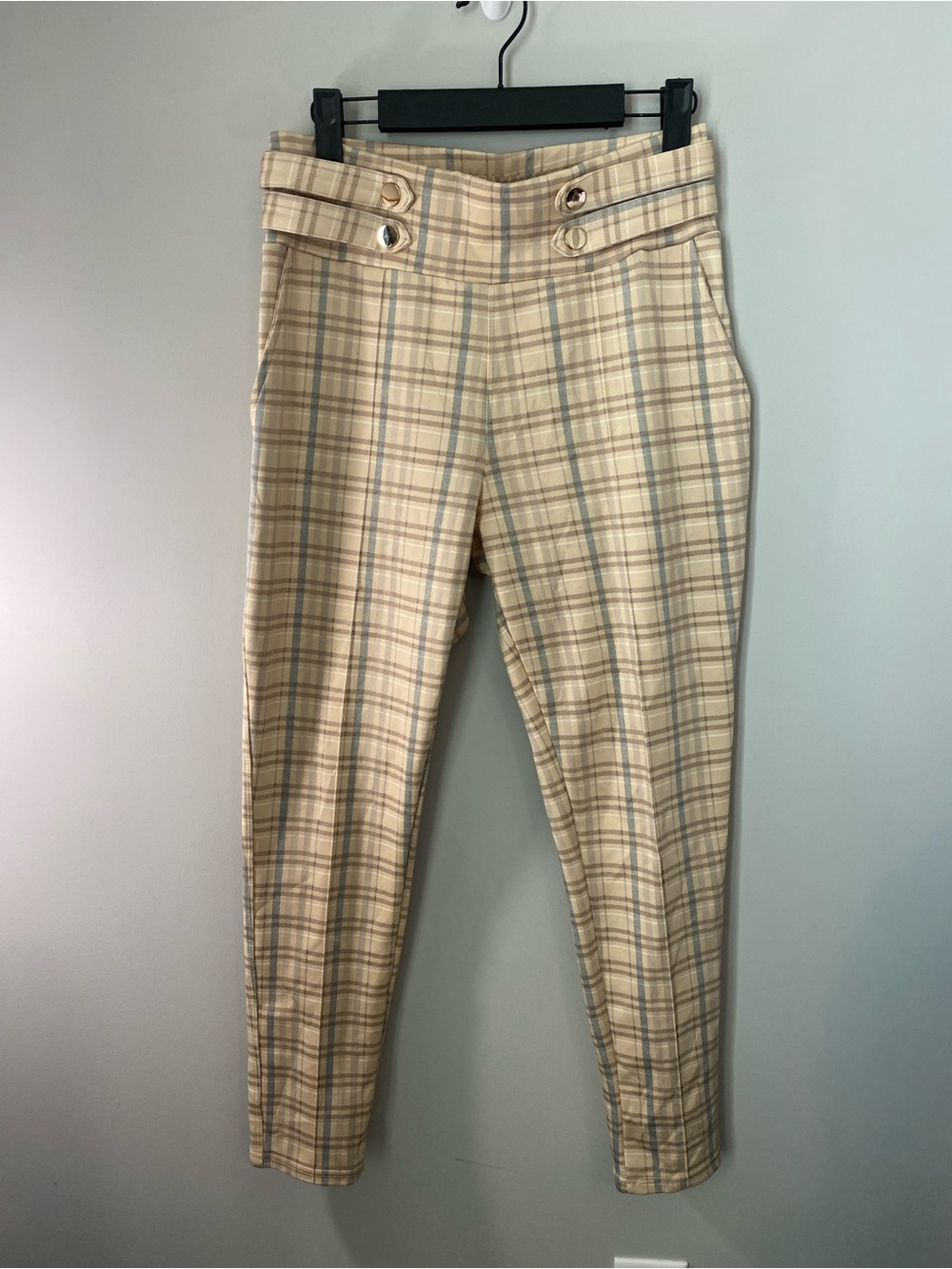 High-Waist Plaid Skinny Pants in Beige